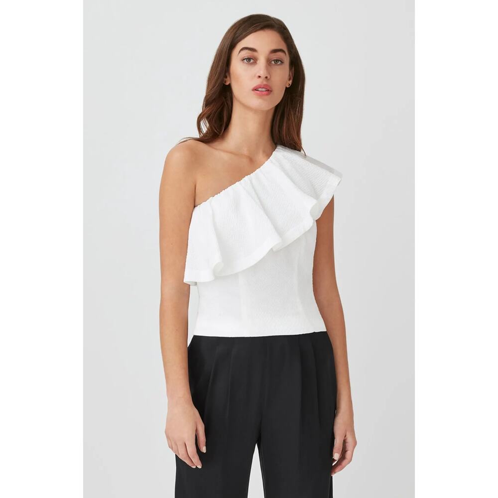Cuyana Asymmetrical Ruffle One Shoulder Seersucker Cropped Flounce Top White M